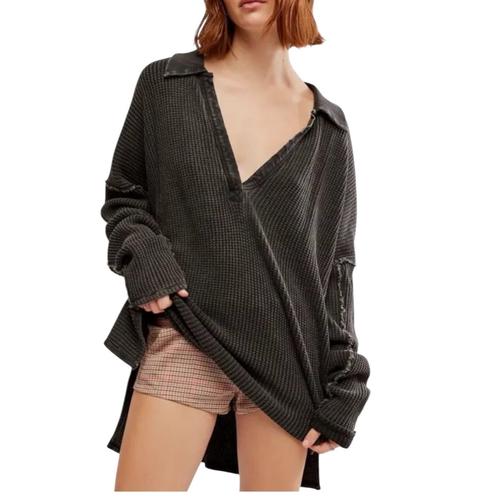 We The Free People Travis Polo Charcoal Gray Oversized Boho Slouchy Top